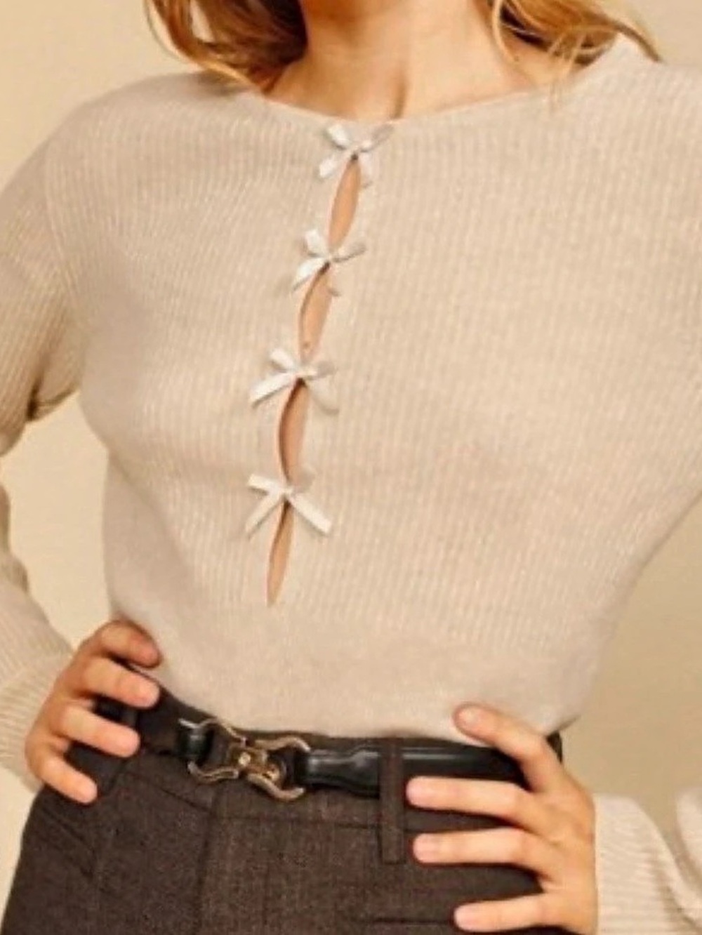 Rouje Ribbed Tie-Front Sweater in Cream - Like New